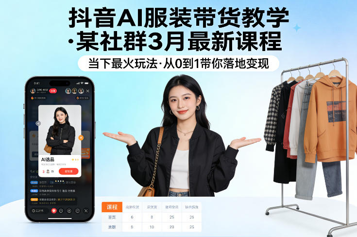 抖音AI服装带货教学，某社群3月最新课程，当下最火玩法，从0到1带你落地变现-云动网创-专注网络创业项目推广与实战，致力于打造一个高质量的网络创业搞钱圈子。