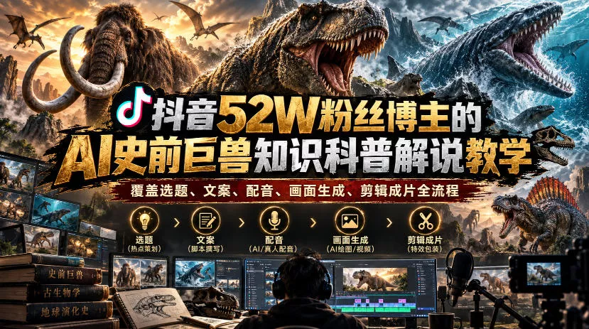 抖音52W粉丝博主的AI史前巨兽知识科普解说教学，覆盖选题、文案、配音、画面生成、剪辑成片全流程客创社区-专注互联网轻资产资源整合与分享客创社区-专注互联网轻资产资源整合与分享