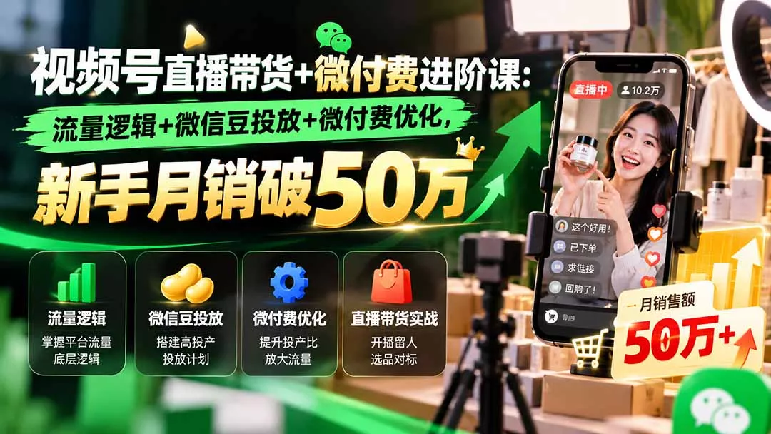 视频号直播带货+微付费进阶课-更新1010：流量逻辑+微信豆投放+微付费优化，新手月销破50万 《鱼见海科技》-鱼见海资源网-免费PHP网站源码模板,插件软件网创AI智能体资源分享平台！