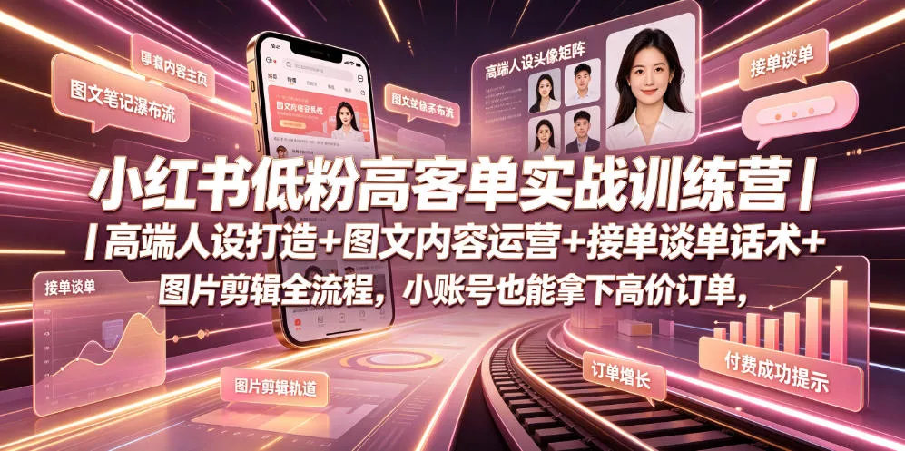 小红书低粉高客单实战训练营｜高端人设打造+图文内容运营+接单谈单话术+图片剪辑全流程，小账号也能拿下高价订单客创社区-专注互联网轻资产资源整合与分享客创社区-专注互联网轻资产资源整合与分享