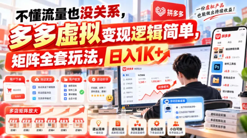 不懂流量也没关系，多多虚拟变现逻辑简单，矩阵全套玩法，日入1K+【揭秘】 《鱼见海科技》-鱼见海资源网-免费PHP网站源码模板,插件软件网创AI智能体资源分享平台！