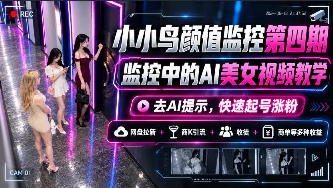 小小鸟颜值监控第四期，监控中的AI美女视频教学，去AI提示，快速起号涨粉，网盘拉新+商K引流+收徒+商单等多种收益客创社区-专注互联网轻资产资源整合与分享客创社区-专注互联网轻资产资源整合与分享