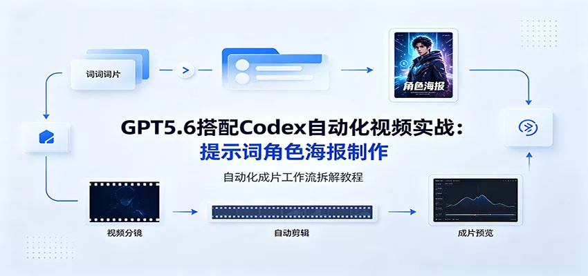 GPT5.6搭配Codex自动化视频实战:提示词角色海报制作,自动化成片工作流拆解教程主用 -、辅助 +中赚AI网