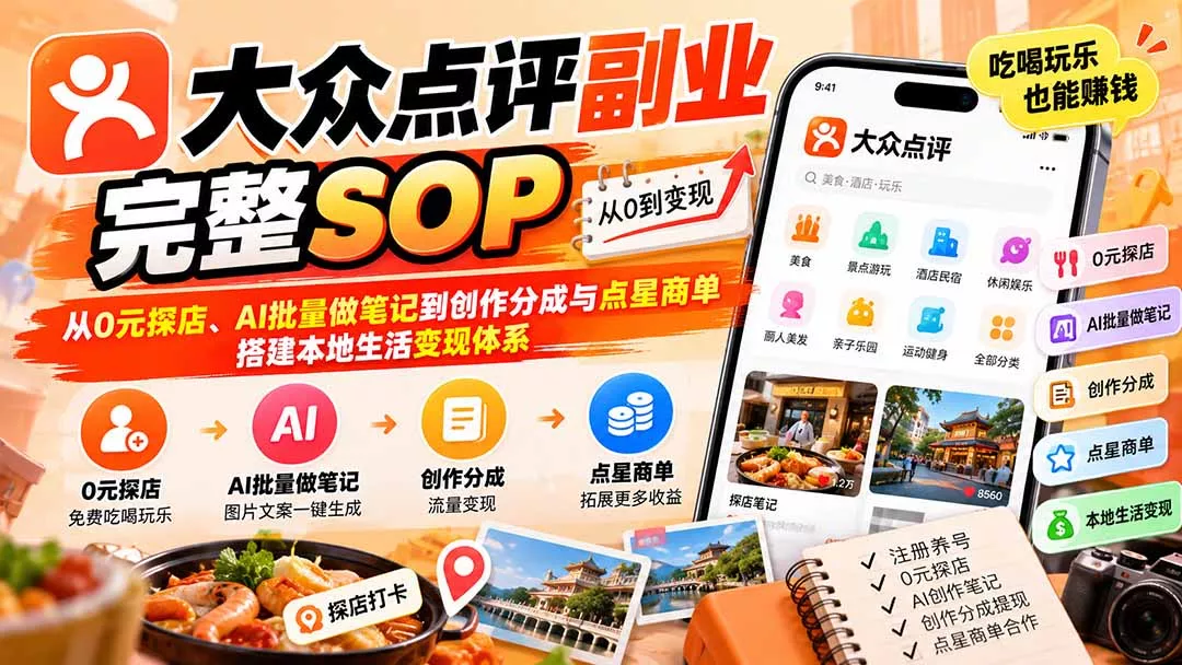【无水印】大众点评副业完整SOP：从0元探店、AI批量做笔记到创作分成与点星商单，搭建本地生活变现体系 《鱼见海科技》-鱼见海资源网-免费PHP网站源码模板,插件软件网创AI智能体资源分享平台！