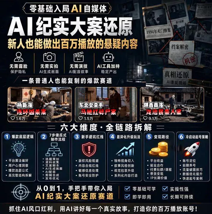抖音8W粉丝博主的AI纪实大案还原教学，新人也能做出百W播放的悬
