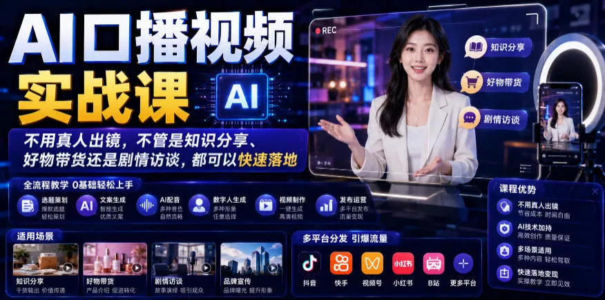 AI口播视频实战课，不用真人出镜，不管是知识分享、好物带货还是剧情访谈，都可以快速落地客创社区-专注互联网轻资产资源整合与分享客创社区-专注互联网轻资产资源整合与分享