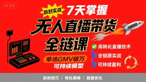无人直播带货全链防封实战课，7天掌握高转化直播技术，实现单场GMV破万可持续模型-客创社 - 专注互联网轻资产创业及网络项目资源整合与分享客创社-免费且强大的项目分享网站！