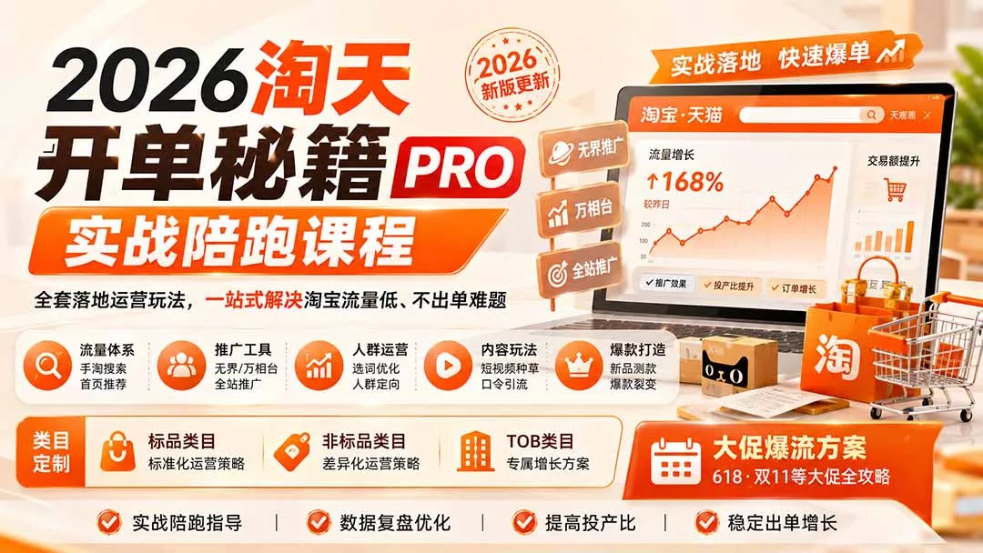 2026淘天开单秘籍PRO实战陪跑课程：全套落地运营玩法，一站式解决淘宝流量低、不出单难题(更新260823 《鱼见海科技》-鱼见海资源网-免费PHP网站源码模板,插件软件网创AI智能体资源分享平台！