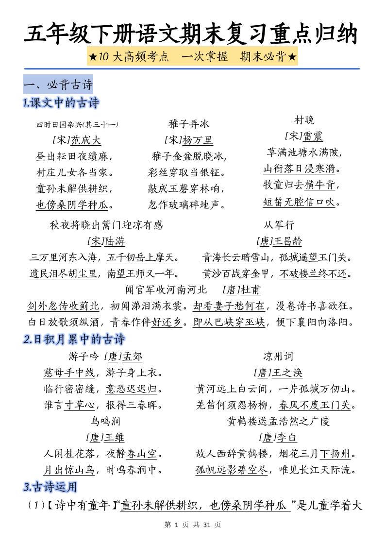 五下语文语文期末复习重点归纳-客创社 - 专注互联网轻资产创业及网络项目资源整合与分享客创社-免费且强大的项目分享网站！