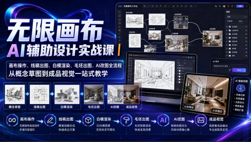 无限画布AI辅助设计实战课｜画布操作、线稿出图、白模渲染、毛坯出图、AI改图全流程，从概念草图到成品视觉一站式教学(更新0923)星享资源网星享资源网