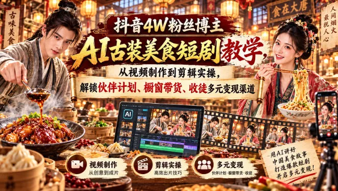 抖音4W粉丝博主AI古装美食短剧教学，从视频制作到剪辑实操，解锁伙伴计划、橱窗带货、收徒多元变现渠道星享资源网星享资源网