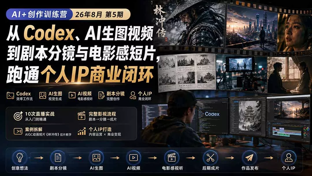 AI+创作训练营26年8月第5期：从Codex、AI生图视频到剧本分镜与电影感短片，跑通个人IP商业闭环客创社区-专注互联网轻资产资源整合与分享客创社区-专注互联网轻资产资源整合与分享