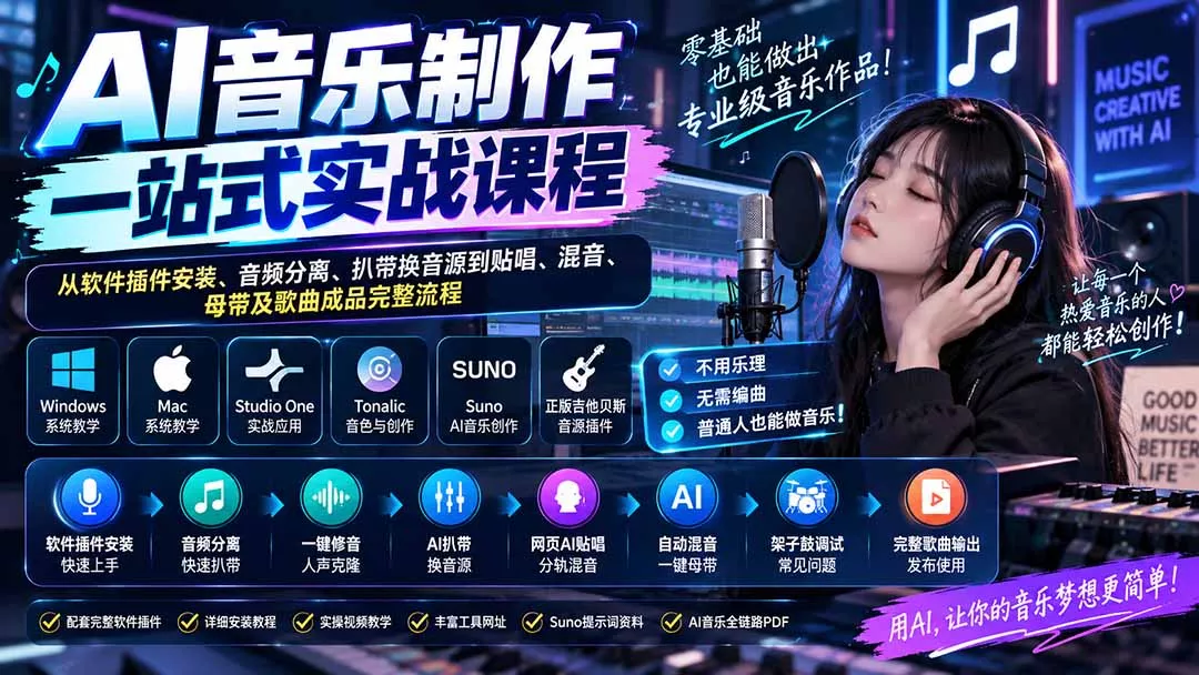 AI音乐制作一站式实战课程：从软件插件安装、音频分离、扒带换音源到贴唱、混音、母带及歌曲成品完整流程 《鱼见海科技》-鱼见海资源网-免费PHP网站源码模板,插件软件网创AI智能体资源分享平台！