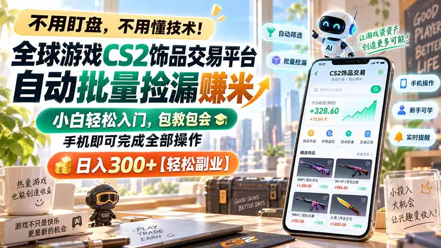 全球游戏CS2饰品交易平台自动批量捡漏赚米，小白轻松入门，包教包会，手机即可完成全部操作，日入300+【轻松副业】-鱼见海资源网-免费PHP网站源码模板,插件软件网创AI智能体资源分享平台！
