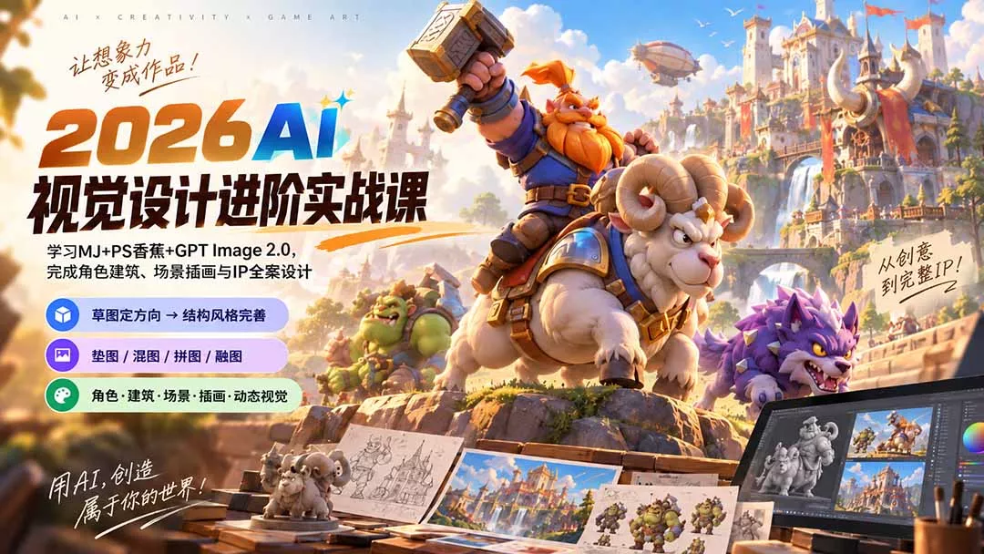 2026AI视觉设计进阶实战课-更新：学习MJ+PS香蕉+GPT Image 2.0，完成角色建筑、场景插画与IP全案设计 《鱼见海科技》-鱼见海资源网-免费PHP网站源码模板,插件软件网创AI智能体资源分享平台！