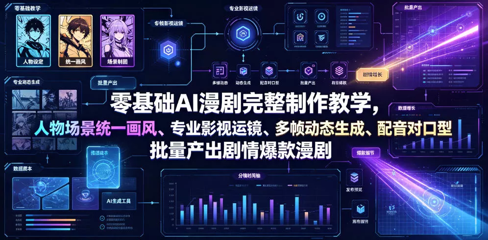 零基础AI漫剧完整制作教学，人物场景统一画风、专业影视运镜、多帧动态生成、配音对口型，批量产出剧情爆款漫剧客创社区-专注互联网轻资产资源整合与分享客创社区-专注互联网轻资产资源整合与分享