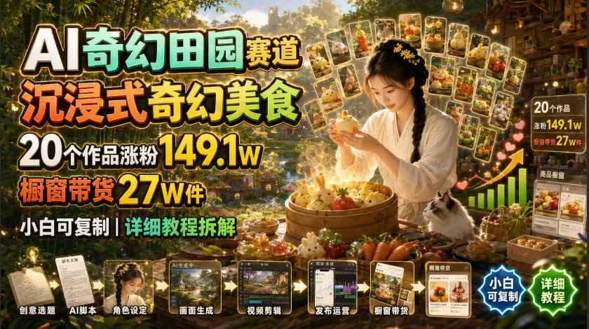 AI奇幻田园赛道，沉浸式奇幻美食，20个作品涨粉149.1W，橱窗带货27W件，小白可复制，详细教程拆解 《鱼见海科技》-鱼见海资源网-免费PHP网站源码模板,插件软件网创AI智能体资源分享平台！