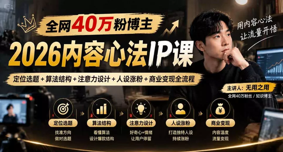 【无水印】全网40W粉博主的2026内容心法IP课，定位选题+算法结构+注意力设计+人设涨粉+商业变现全流程星享资源网HS游戏库
