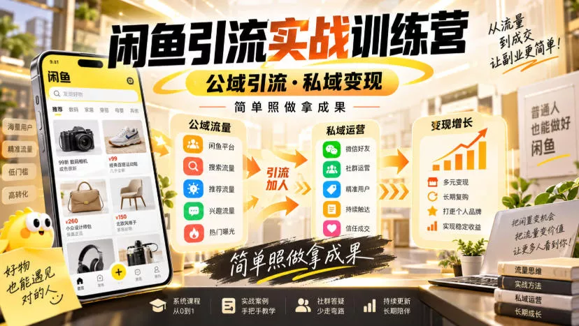 闲鱼引流实战训练营，公域引流·私域变现，简单照做拿成果主用 -、辅助 +中赚AI网