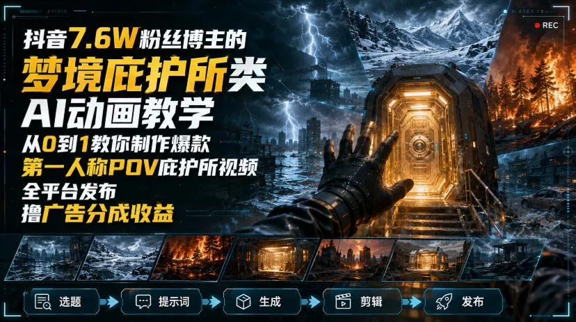 抖音7.6W粉丝博主的梦境庇护所类AI动画教学，从0到1教你制作爆款靠前人称POV庇护所视频，全平台发布撸广告分成收益 《鱼见海科技》-鱼见海资源网-免费PHP网站源码模板,插件软件网创AI智能体资源分享平台！