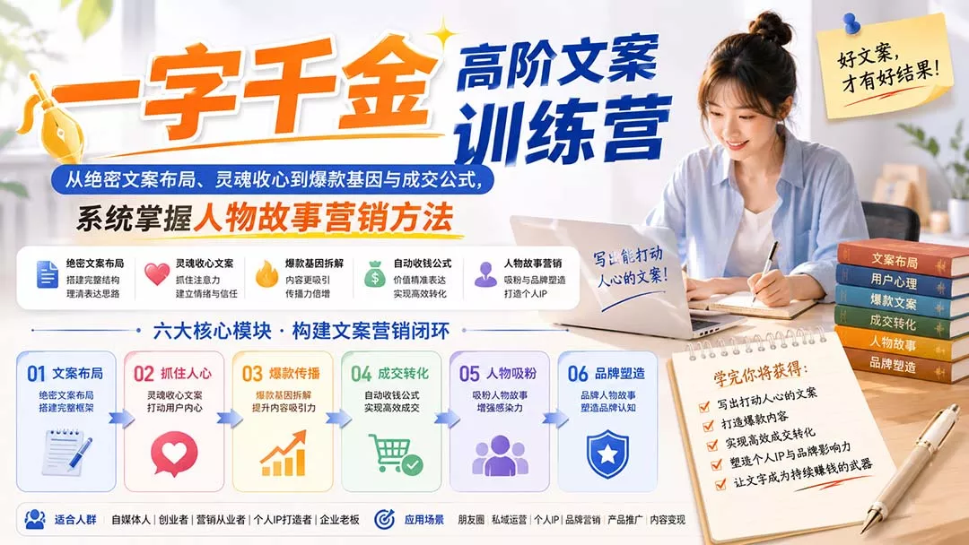 一字千金高阶文案训练营：从绝密文案布局、灵魂收心到爆款基因与成交公式，系统掌握人物故事营销方法-鱼见海资源网-免费PHP网站源码模板,插件软件网创AI智能体资源分享平台！