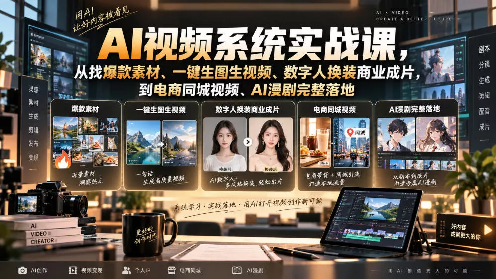 AI视频系统实战课，从找爆款素材、一键生图生视频、数字人换装商业成片，到电商同城视频、AI漫剧完整落地客创社区-专注互联网轻资产资源整合与分享客创社区-专注互联网轻资产资源整合与分享