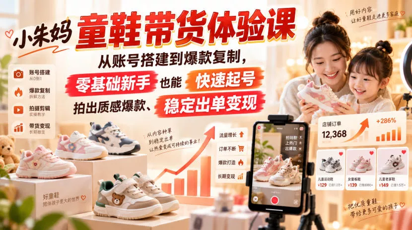小朱妈童鞋带货体验课，从账号搭建到爆款复制，零基础新手也能快速起号、拍出质感爆款、稳定出单变现客创社区-专注互联网轻资产资源整合与分享客创社区-专注互联网轻资产资源整合与分享