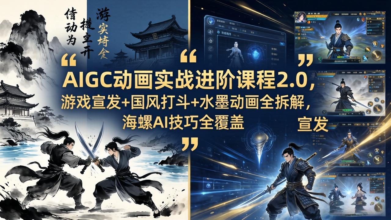 AIGC动画实战进阶课程2.0，游戏宣发+国风打斗+水墨动画全拆解，海螺AI技巧全覆盖-鱼见海资源网-免费PHP网站源码模板,插件软件网创AI智能体资源分享平台！