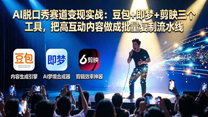 AI脱口秀赛道变现实战：豆包+即梦+剪映三个工具，把高互动内容做成批量复制流水线客创社区-专注互联网轻资产资源整合与分享客创社区-专注互联网轻资产资源整合与分享