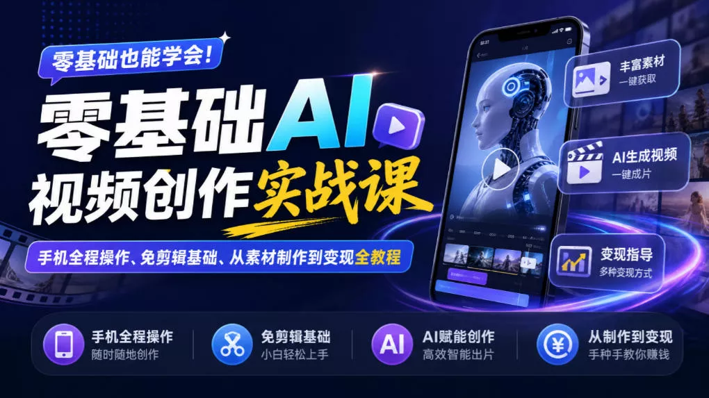 零基础AI视频创作实战课｜手机全程操作、免剪辑基础、从素材制作到变现全教程​客创社区-专注互联网轻资产资源整合与分享客创社区-专注互联网轻资产资源整合与分享