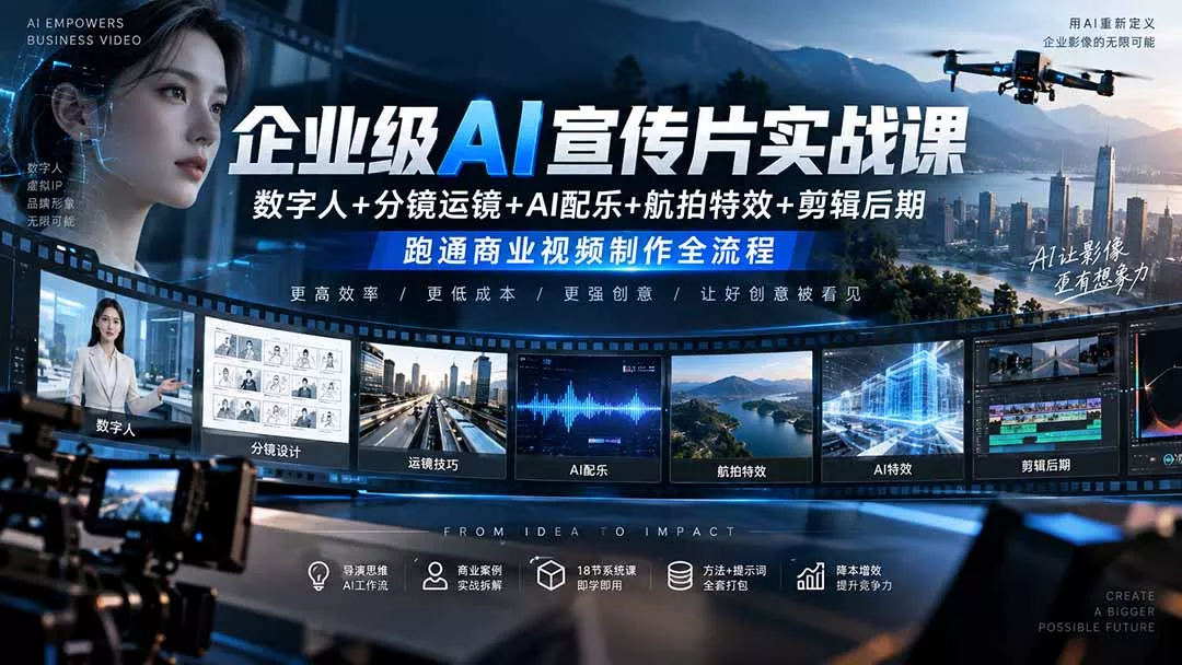 企业级AI宣传片实战课｜数字人+分镜运镜+AI配乐+航拍特效+剪