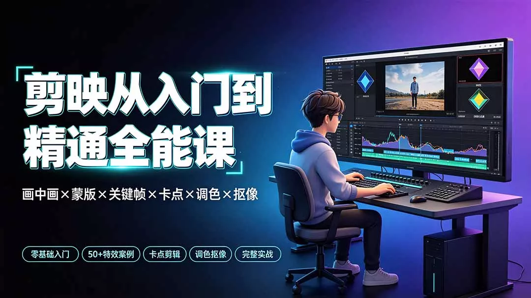 剪映从入门到精通全能课：画中画×蒙版×关键帧×卡点×调色×抠像，一站式掌握剪辑核心技能-鱼见海资源网-免费PHP网站源码模板,插件软件网创AI智能体资源分享平台！
