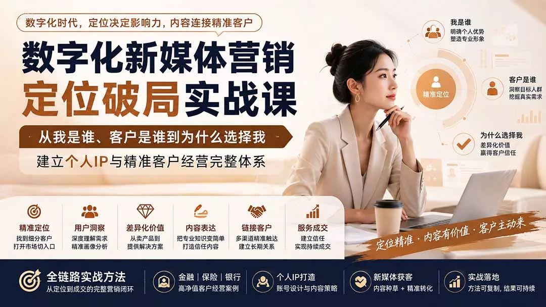 数字化新媒体营销定位破局实战课：从我是谁、客户是谁到为什么选择我，建立个人IP与精准客户经营完整体系-鱼见海资源网-免费PHP网站源码模板,插件软件网创AI智能体资源分享平台！