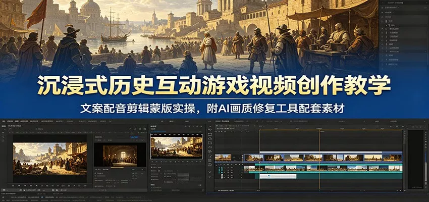 沉浸式历史互动游戏视频创作教学：文案配音剪辑蒙版实操，附AI画质修复工具配套素材客创社区-专注互联网轻资产资源整合与分享客创社区-专注互联网轻资产资源整合与分享