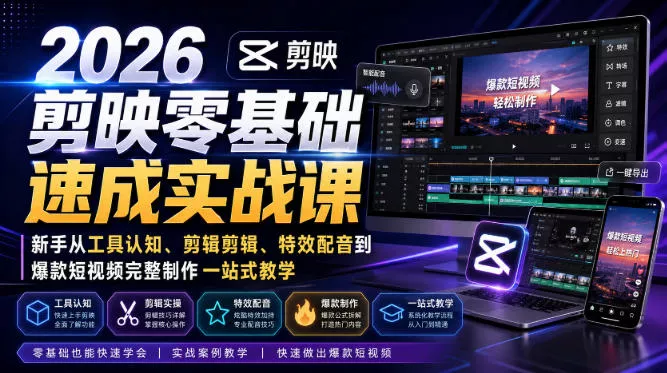 2026剪映零基础速成实战课｜新手从工具认知、剪辑剪辑、特效配音到爆款短视频完整制作一站式教学 《鱼见海科技》-鱼见海资源网-免费PHP网站源码模板,插件软件网创AI智能体资源分享平台！
