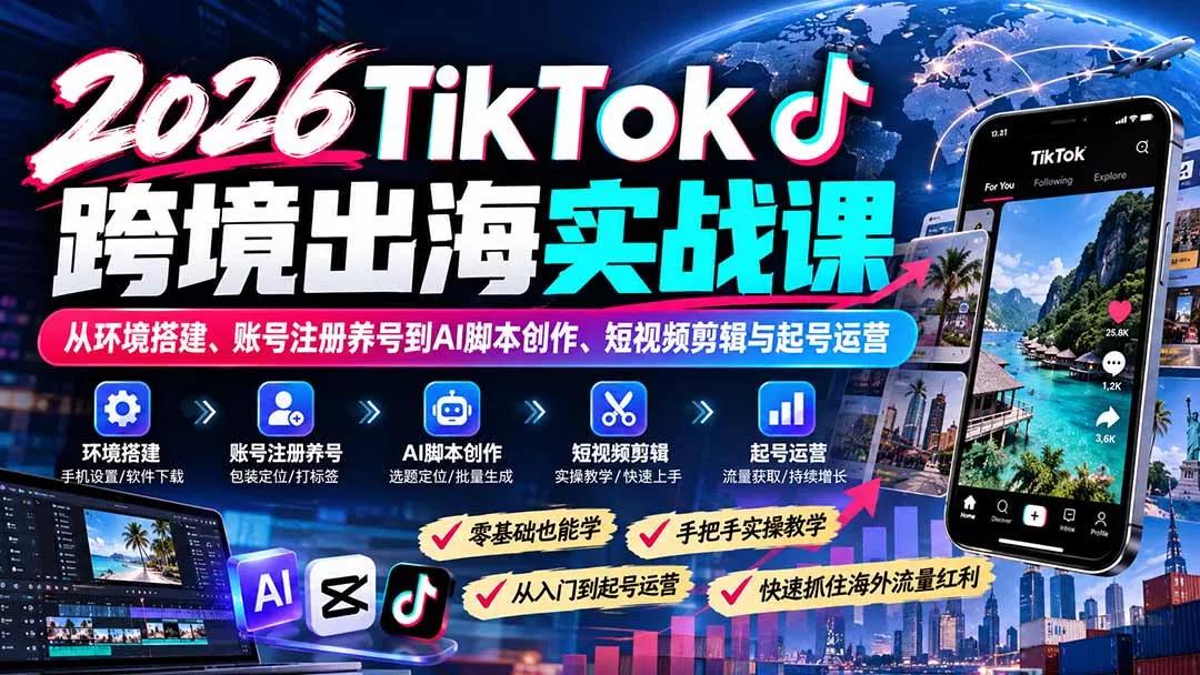 2026TikTok跨境出海实战课：从环境搭建、账号注册养号到AI脚本创作、短视频剪辑与起号运营客创社区-专注互联网轻资产资源整合与分享客创社区-专注互联网轻资产资源整合与分享
