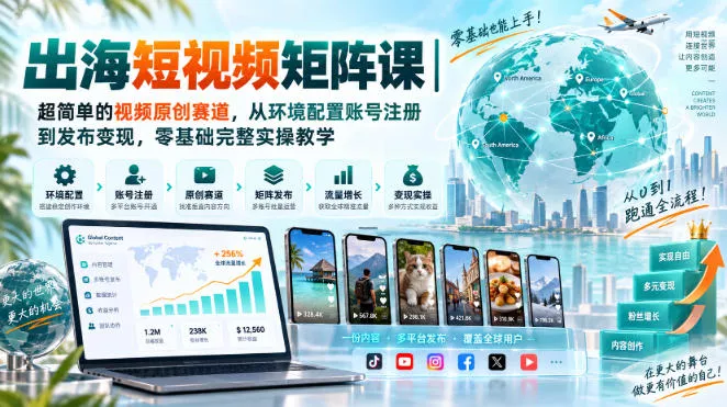 出海短视频矩阵课｜超简单的视频原创赛道，从环境配置账号注册到发布变现，零基础完整实操教学 《鱼见海科技》-鱼见海资源网-免费PHP网站源码模板,插件软件网创AI智能体资源分享平台！