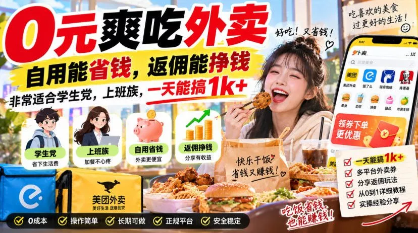 0元爽吃外卖，自用能省钱，返佣能挣钱，非常适合学生党，上班族，一天能搞1k+ 《鱼见海科技》-鱼见海资源网-免费PHP网站源码模板,插件软件网创AI智能体资源分享平台！