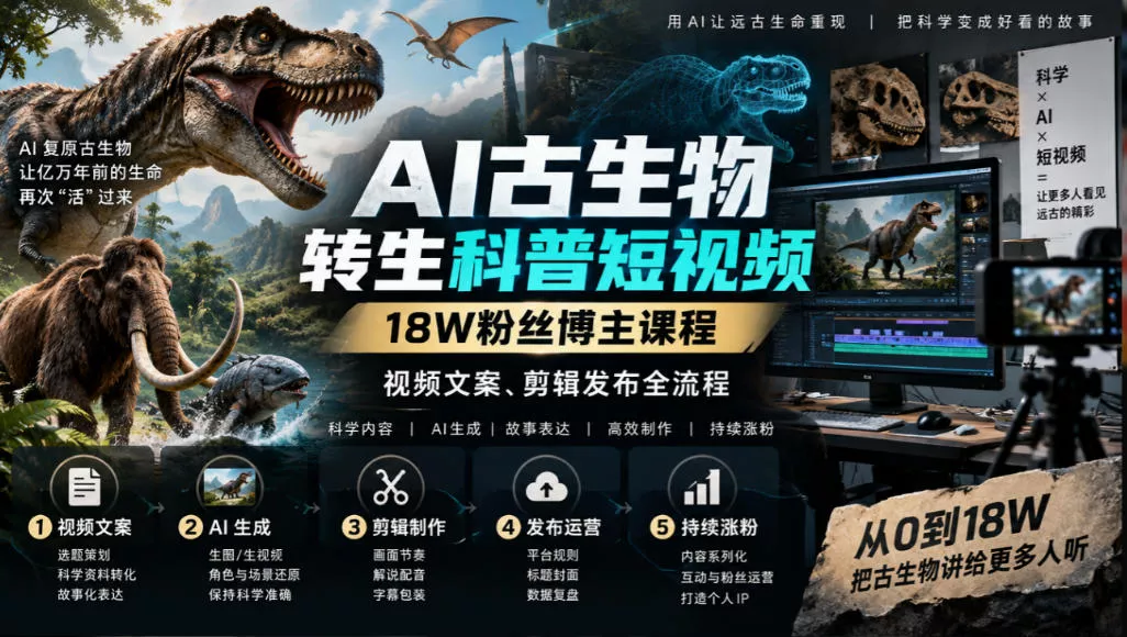 AI古生物转生科普短视频,18W粉丝博主课程,视频文案、剪辑发布全流程-九九网创