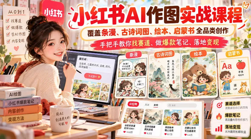 小红书AI作图实战课程，覆盖条漫、古诗词图、绘本、启蒙书全品类创作，手把手教你找赛道、做爆款笔记、落地变现 《鱼见海科技》-鱼见海资源网-免费PHP网站源码模板,插件软件网创AI智能体资源分享平台！