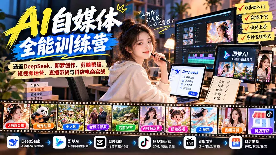 【无水印】AI+自媒体全能训练营：涵盖DeepSeek、即梦创作、剪映剪辑、短视频运营、直播带货与抖店电商实战客创社区-专注互联网轻资产资源整合与分享客创社区-专注互联网轻资产资源整合与分享