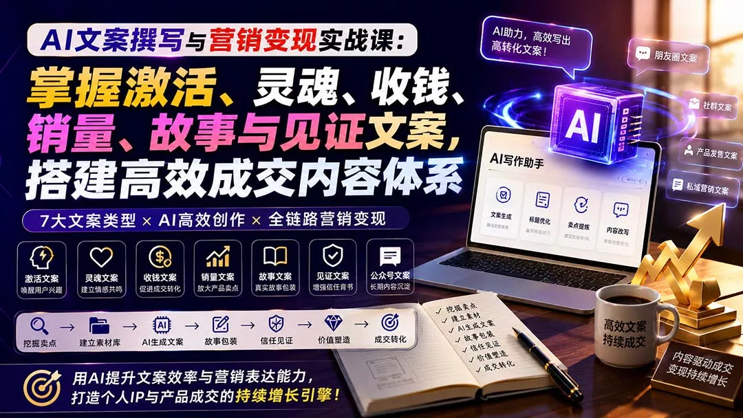 AI文案撰写与营销变现实战课：掌握激活、灵魂、收钱、销量、故事与见证文案，搭建高效成交内容体系-鱼见海资源网-免费PHP网站源码模板,插件软件网创AI智能体资源分享平台！