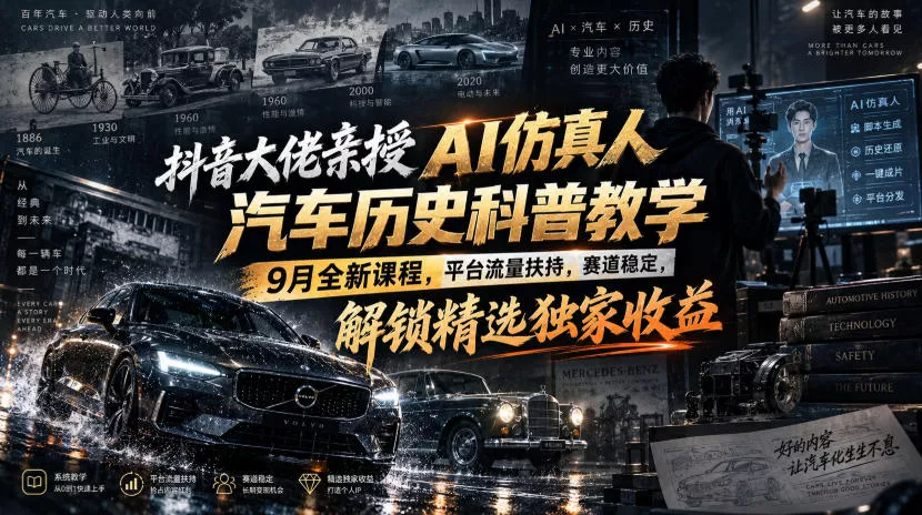 抖音大佬亲授AI仿真人汽车历史科普教学，9月全新课程，平台流量扶持，赛道稳定，解锁精选独家收益客创社区-专注互联网轻资产资源整合与分享客创社区-专注互联网轻资产资源整合与分享