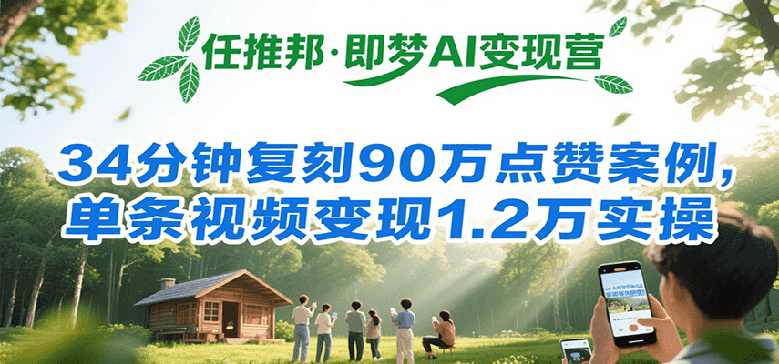 任推邦·即梦AI变现营，34分钟复刻90万点赞案例，单条视频变现1.2万实操-客创社 - 专注互联网轻资产创业及网络项目资源整合与分享客创社-免费且强大的项目分享网站！