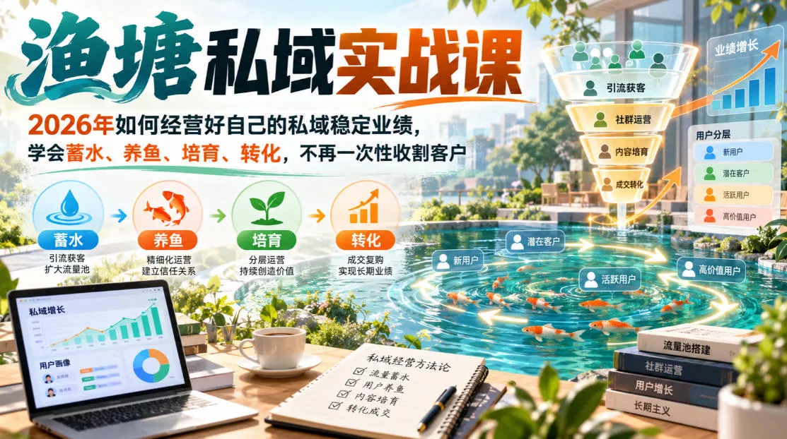 渔塘私域实战课，2026年如何经营好自己的私域稳定业绩，学会蓄水、养鱼、培育、转化，不再一次性收割客户 《鱼见海科技》-鱼见海资源网-免费PHP网站源码模板,插件软件网创AI智能体资源分享平台！