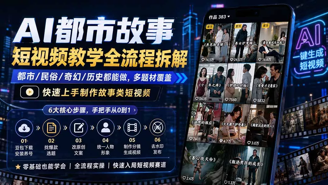 AI都市故事短视频教学全流程拆解；都市/民俗/奇幻/历史都能做多
