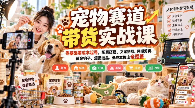 宠物赛道带货实战课，零基础零成本起号，场景搭建、文案拍摄、网感剪辑、黄金钩子、爆品选品、低成本投流全覆盖星享资源网HS游戏库