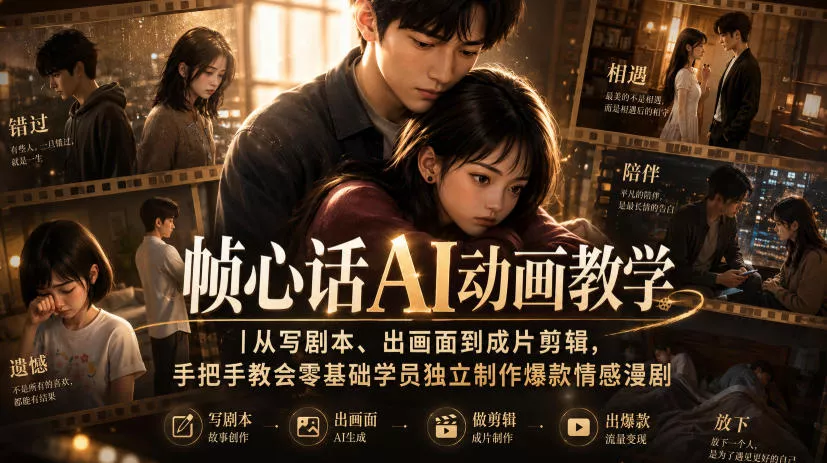帧心话AI动画教学｜从写剧本、出画面到成片剪辑，手把手教会零基础学员独立制作爆款情感漫剧 《鱼见海科技》-鱼见海资源网-免费PHP网站源码模板,插件软件网创AI智能体资源分享平台！
