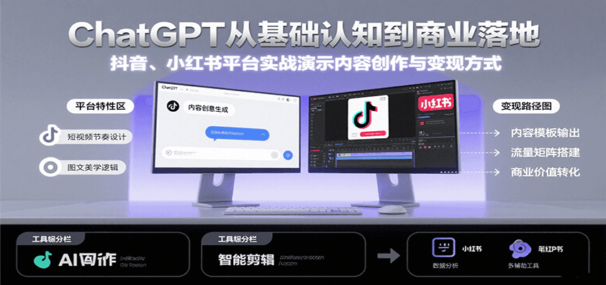 ChatGPT从基础认知到商业落地，实战演示抖音、小红书等平台的内容创作与变现-客创社 - 专注互联网轻资产创业及网络项目资源整合与分享客创社-免费且强大的项目分享网站！