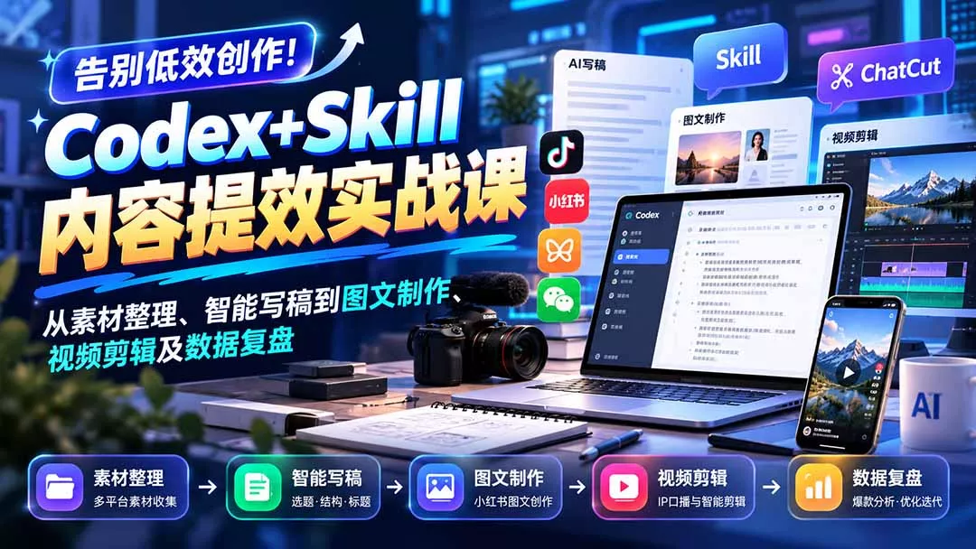 【无水印】告别低效创作！Codex+Skill内容提效实战课：从素材整理、智能写稿到图文制作、视频剪辑及数据复盘 《鱼见海科技》-鱼见海资源网-免费PHP网站源码模板,插件软件网创AI智能体资源分享平台！